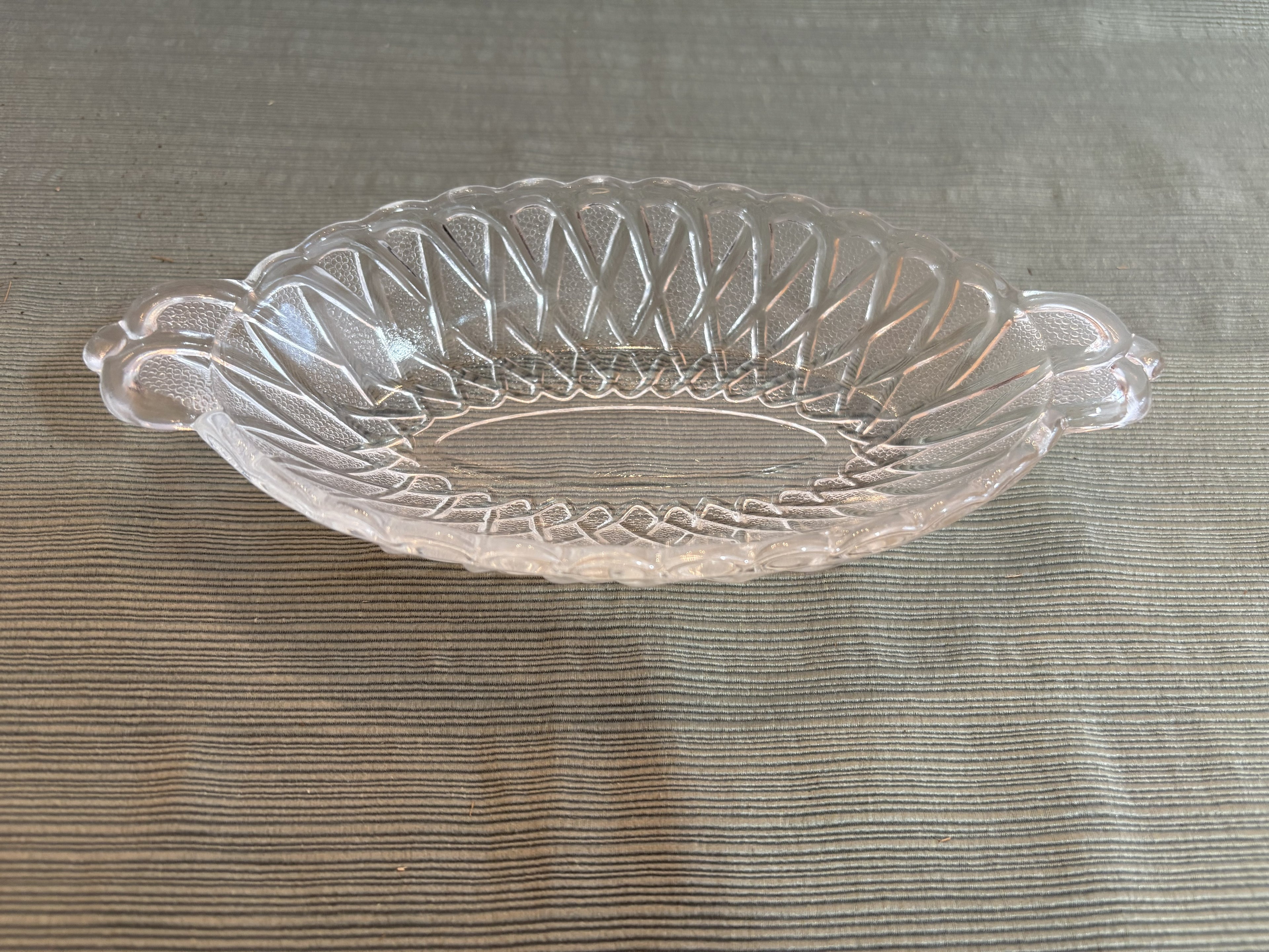 Pressed Glass Olive Relish Dish with Diamond Lattice Pattern — Small Oval Serving Dish
