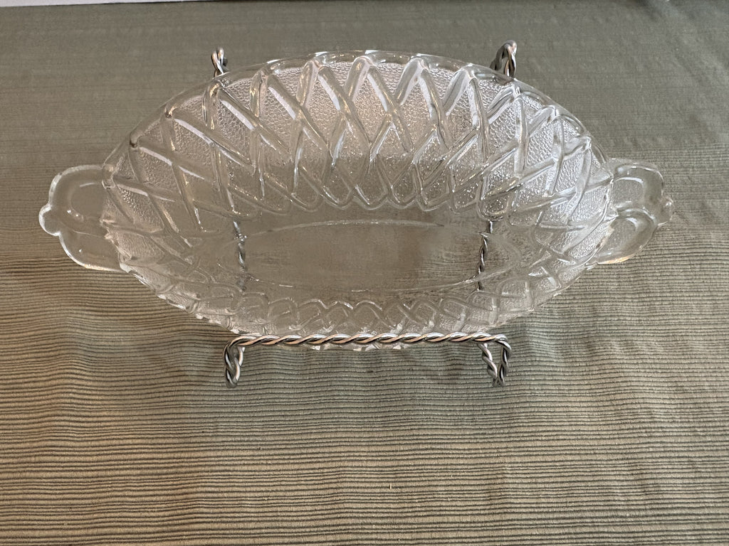 Pressed Glass Olive Relish Dish with Diamond Lattice Pattern — Small Oval Serving Dish