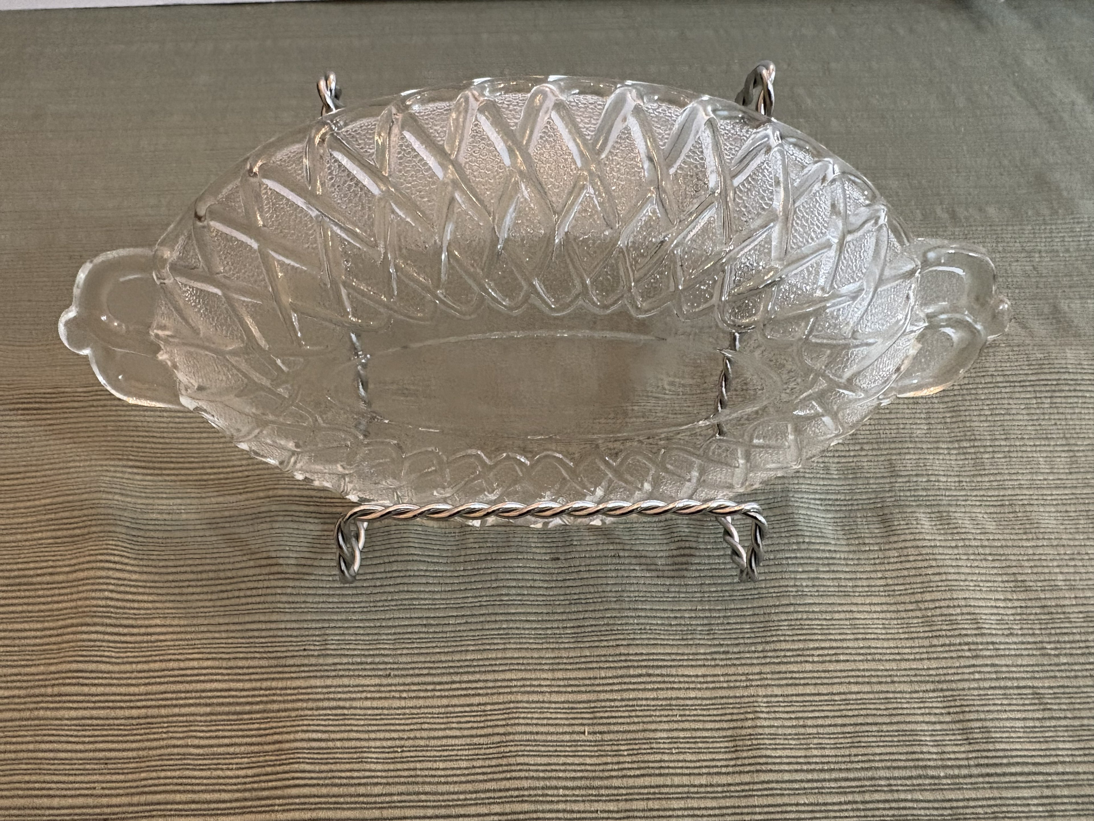 Pressed Glass Olive Relish Dish with Diamond Lattice Pattern — Small Oval Serving Dish