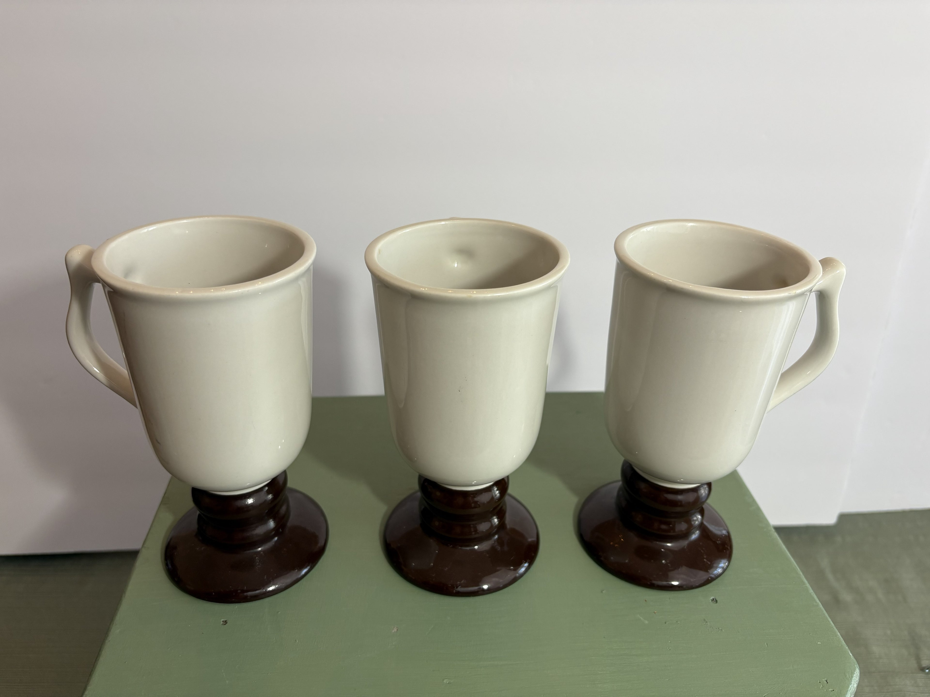 Set of 3 Vintage Hall Pottery Irish Coffee Mugs Pattern 1272 — Cream and Brown Pedestal Cups