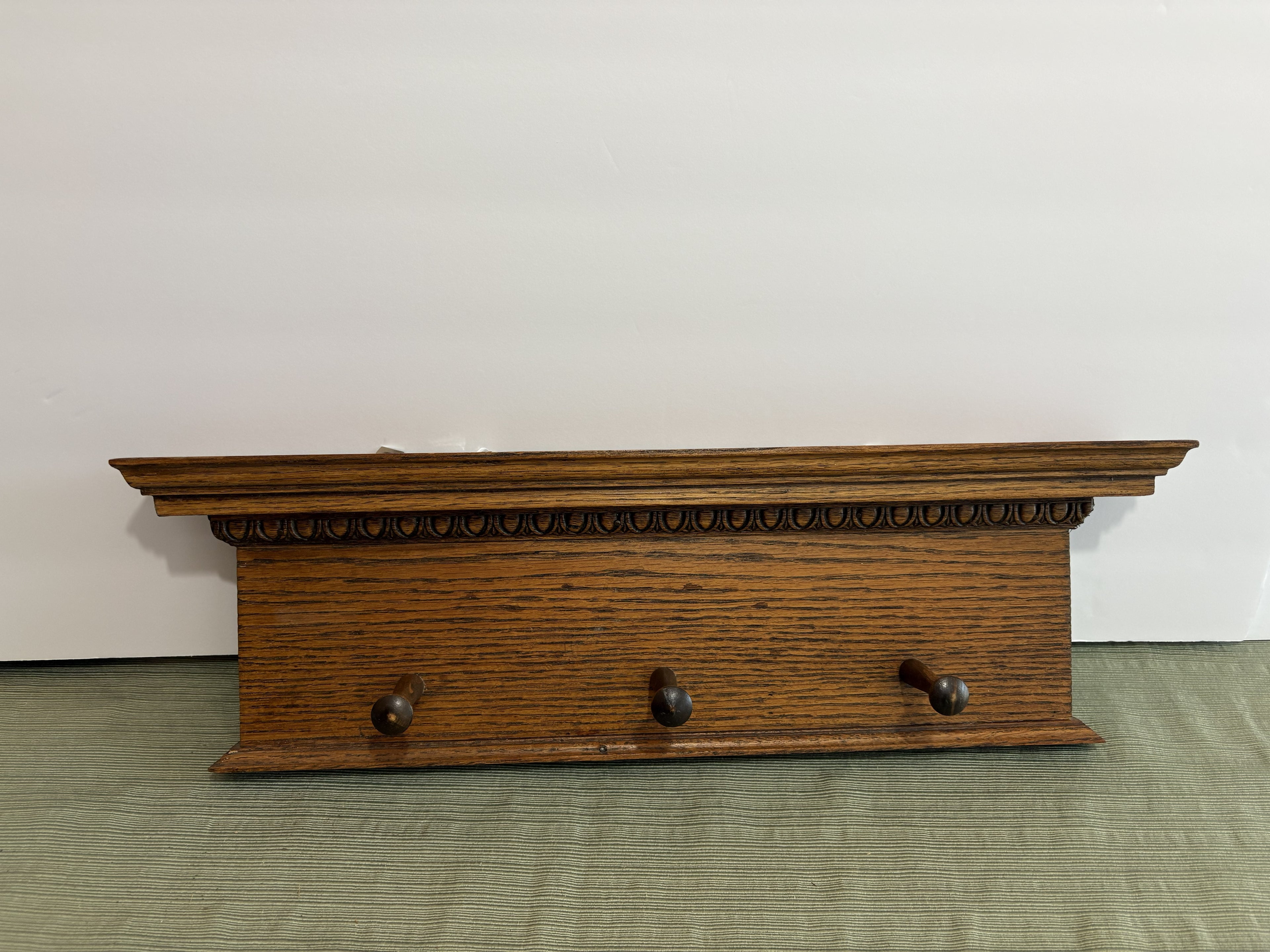 Solid Oak Wall-Mounted Coat Rack with Display Shelf — Three Shaker Pegs, Decorative Molding, Entryway Organizer