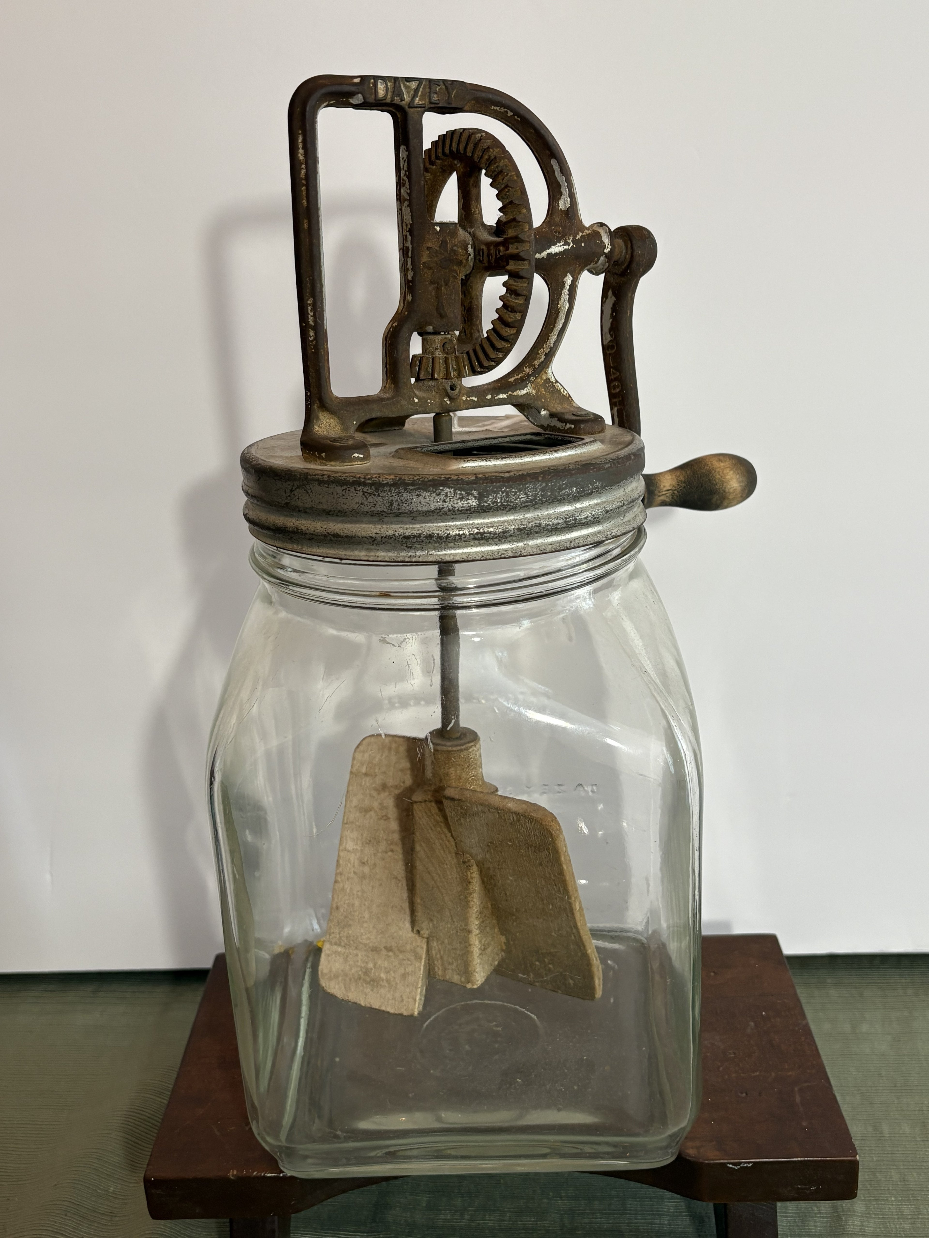 Antique Dazey Butter Churn No. 40 — 1922 Patent, Original Cast Iron Mechanism, Embossed Glass Jar with Wooden Dasher