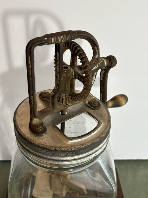 Antique Dazey Butter Churn No. 40 — 1922 Patent, Original Cast Iron Mechanism, Embossed Glass Jar with Wooden Dasher