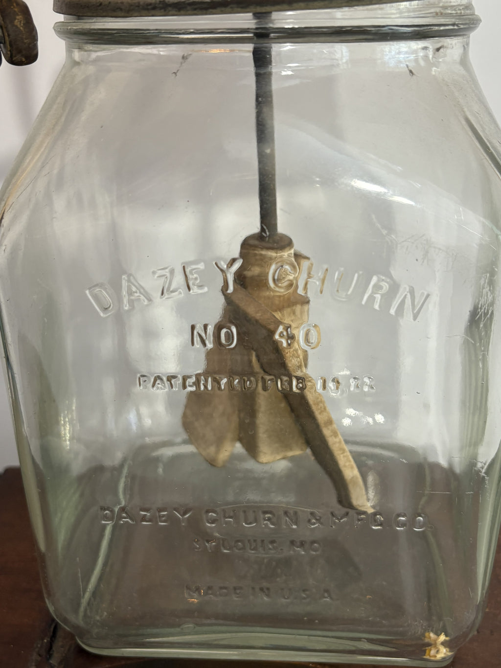 Antique Dazey Butter Churn No. 40 — 1922 Patent, Original Cast Iron Mechanism, Embossed Glass Jar with Wooden Dasher