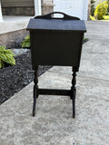 Vintage Black Sewing Cabinet Stand — 1930s–1950s American Colonial Revival, Dual-Lid Flip-Top Storage with Turned Spindle Supports
