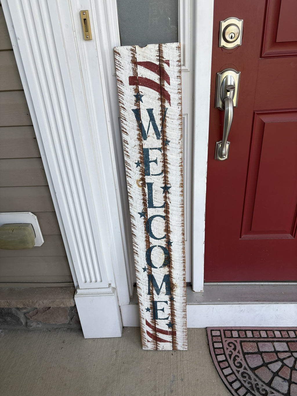 Handmade Rustic Wooden Welcome Sign with Patriotic American Flag Design — Distressed Farmhouse Porch Decor, 48" Vertical Floor-Leaning Sign
