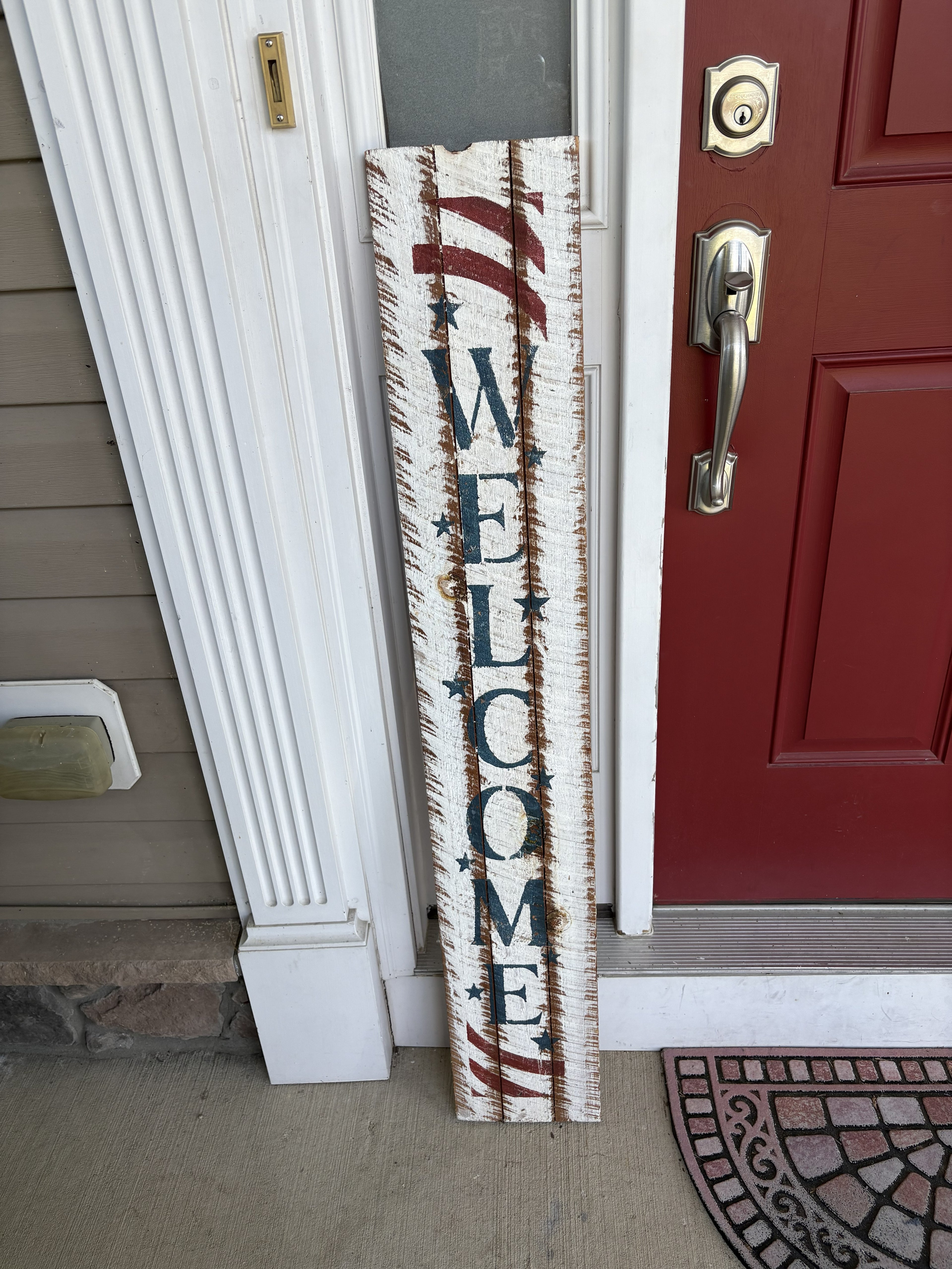 Handmade Rustic Wooden Welcome Sign with Patriotic American Flag Design — Distressed Farmhouse Porch Decor, 48" Vertical Floor-Leaning Sign