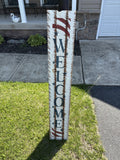 Handmade Rustic Wooden Welcome Sign with Patriotic American Flag Design — Distressed Farmhouse Porch Decor, 48" Vertical Floor-Leaning Sign
