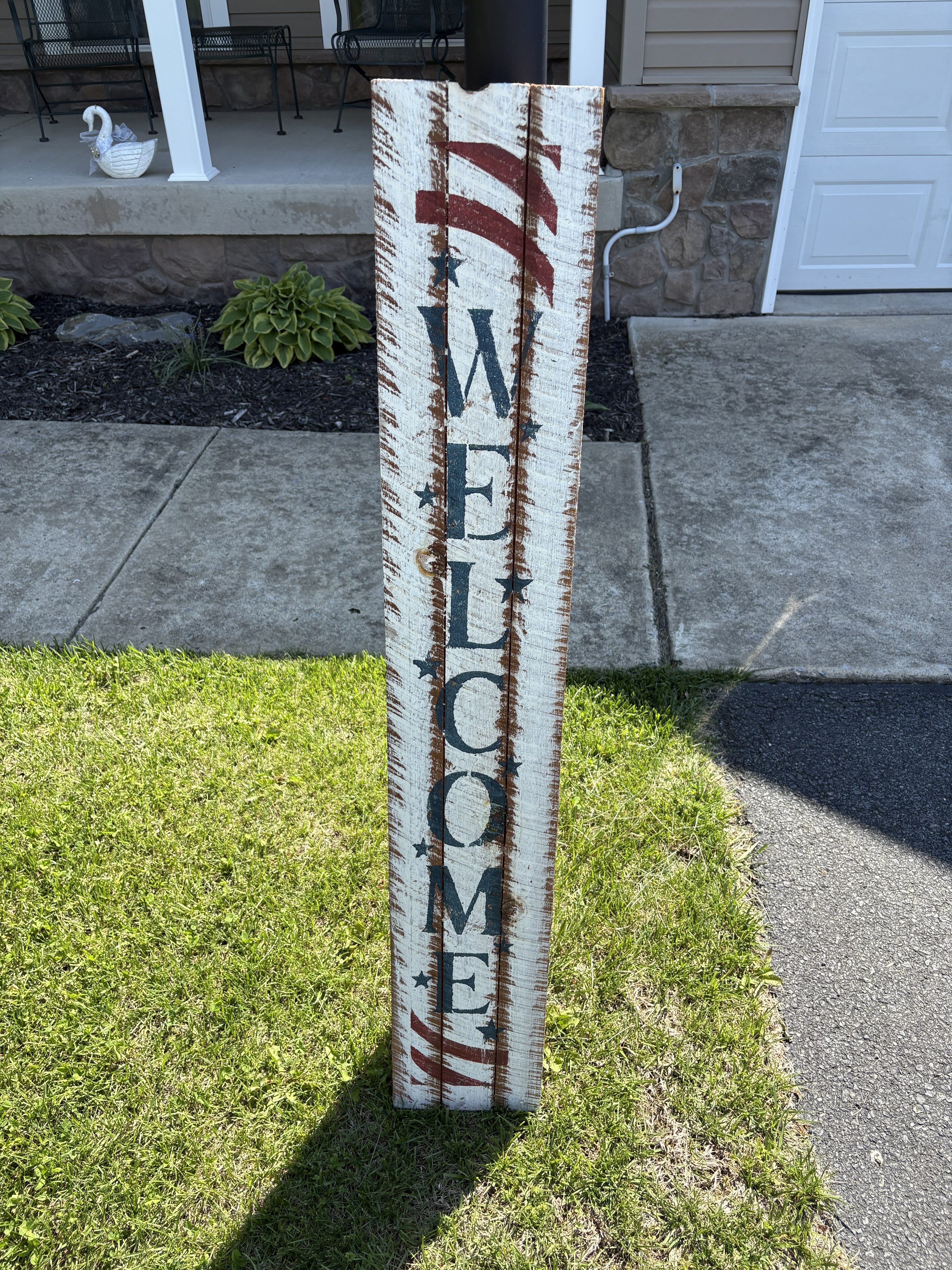 Handmade Rustic Wooden Welcome Sign with Patriotic American Flag Design — Distressed Farmhouse Porch Decor, 48" Vertical Floor-Leaning Sign