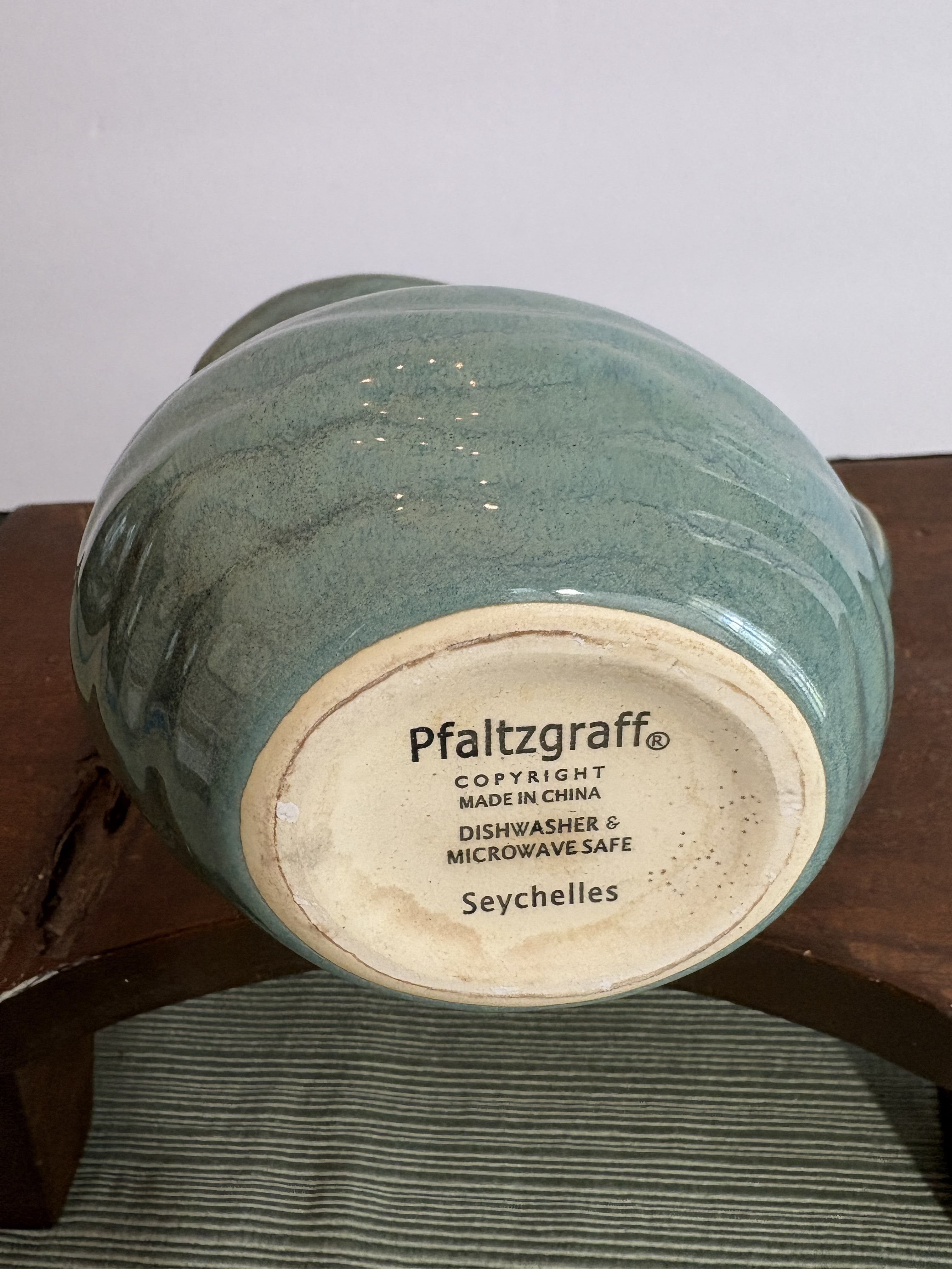 Pfaltzgraff "Seychelles" Stoneware Pitcher — Blue-Green Drip Glaze, Modern Coastal Kitchen Decor