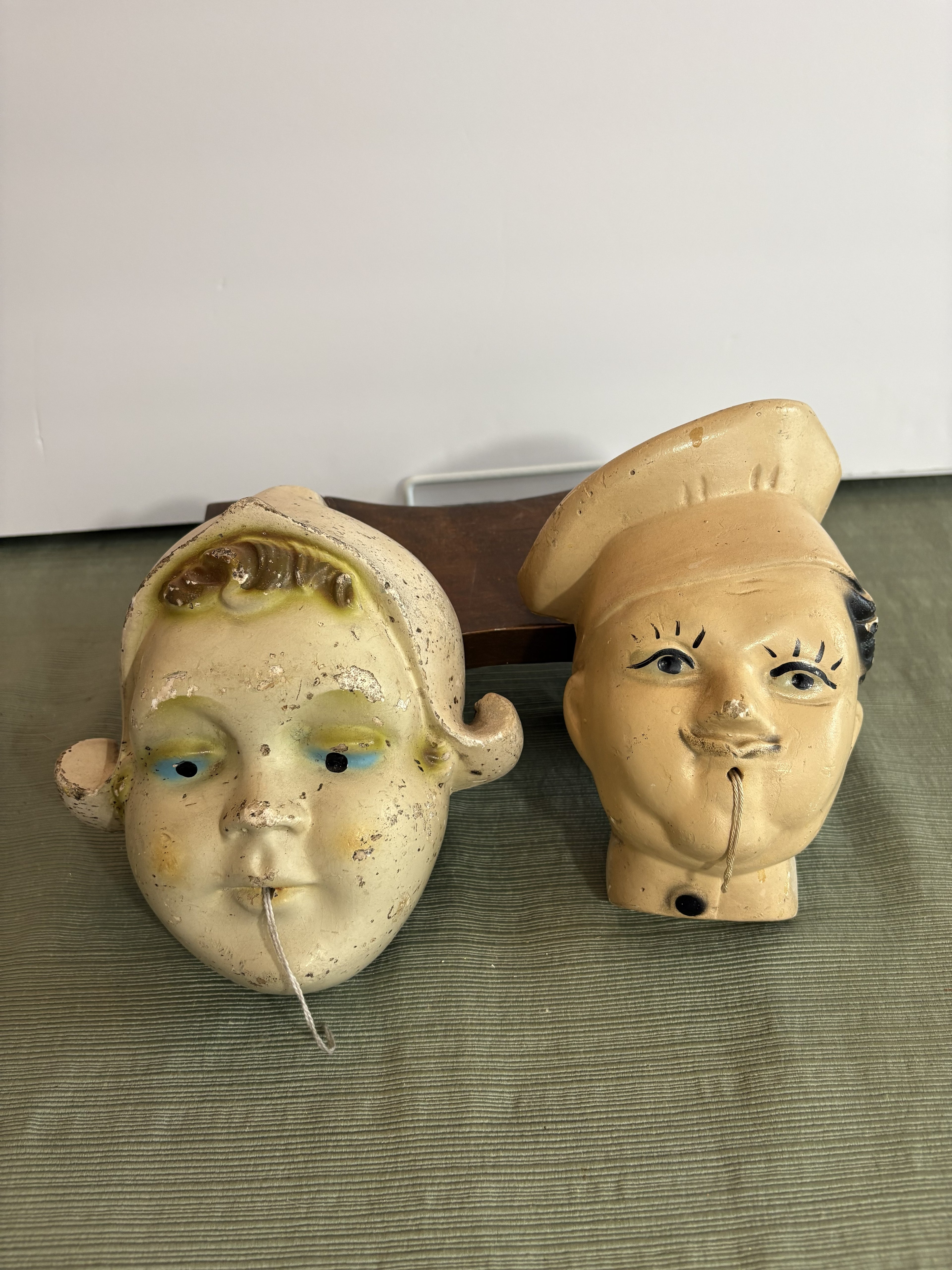 Pair of Vintage Chalkware Chef String Holders — 1940s-1950s American Kitchen Figural Wall Hangings, Distressed Antique Patina