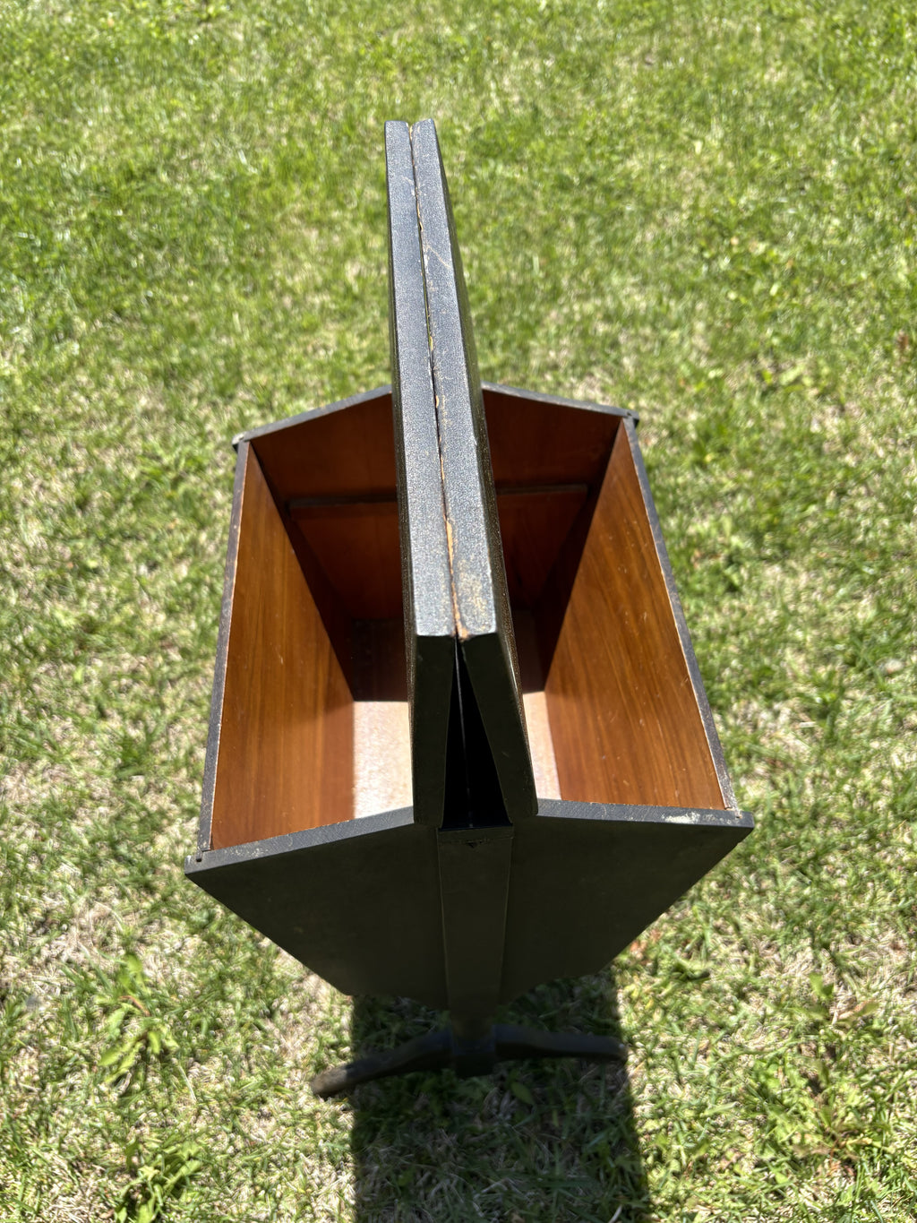 Vintage Black Sewing Cabinet Stand — 1930s–1950s American Colonial Revival, Dual-Lid Flip-Top Storage with Turned Spindle Supports