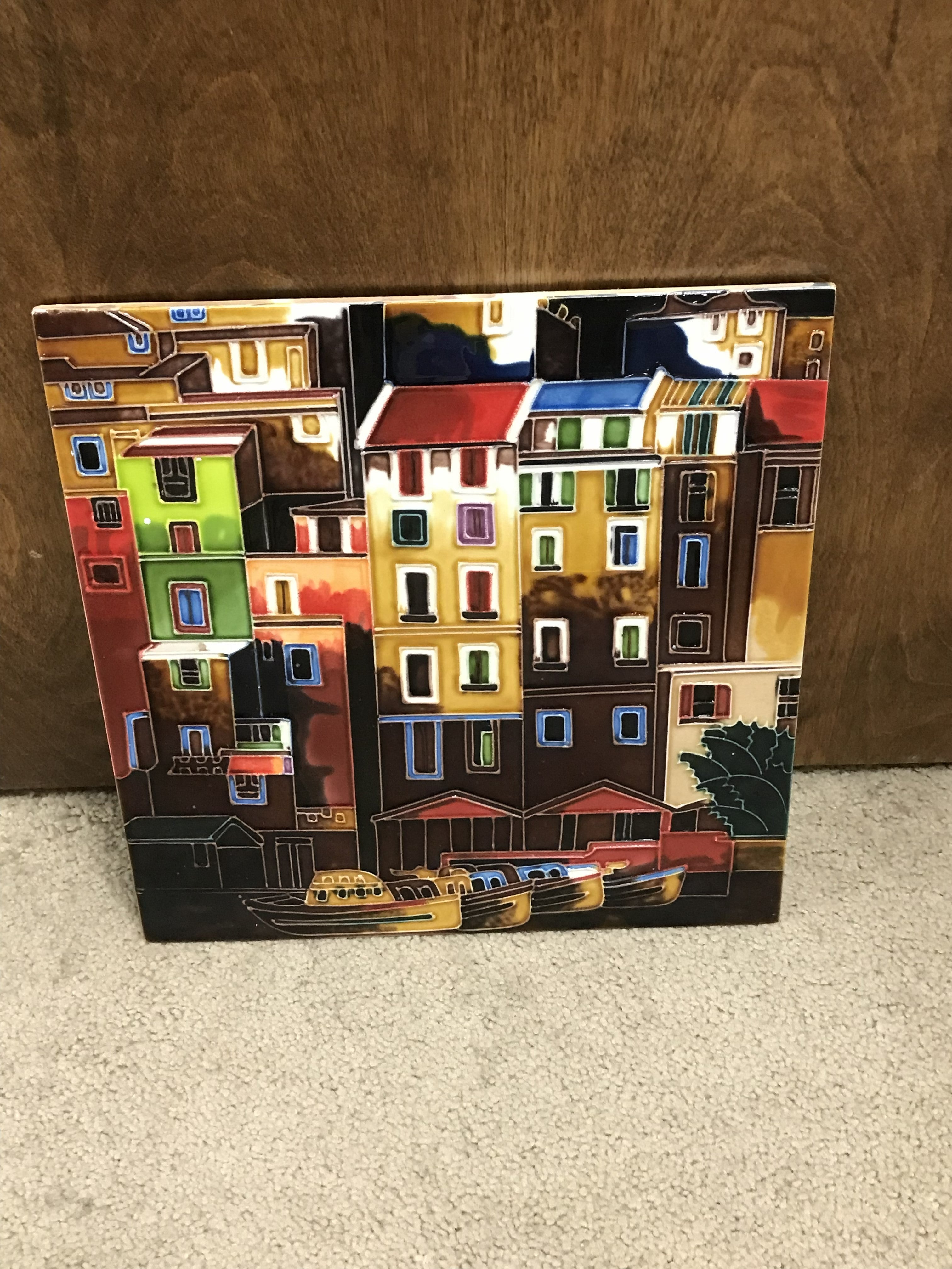 Hand-Glazed Ceramic Art Tile of Italian Coastal Village — Cinque Terre Style Cloisonné Wall Art, Square Decorative Panel