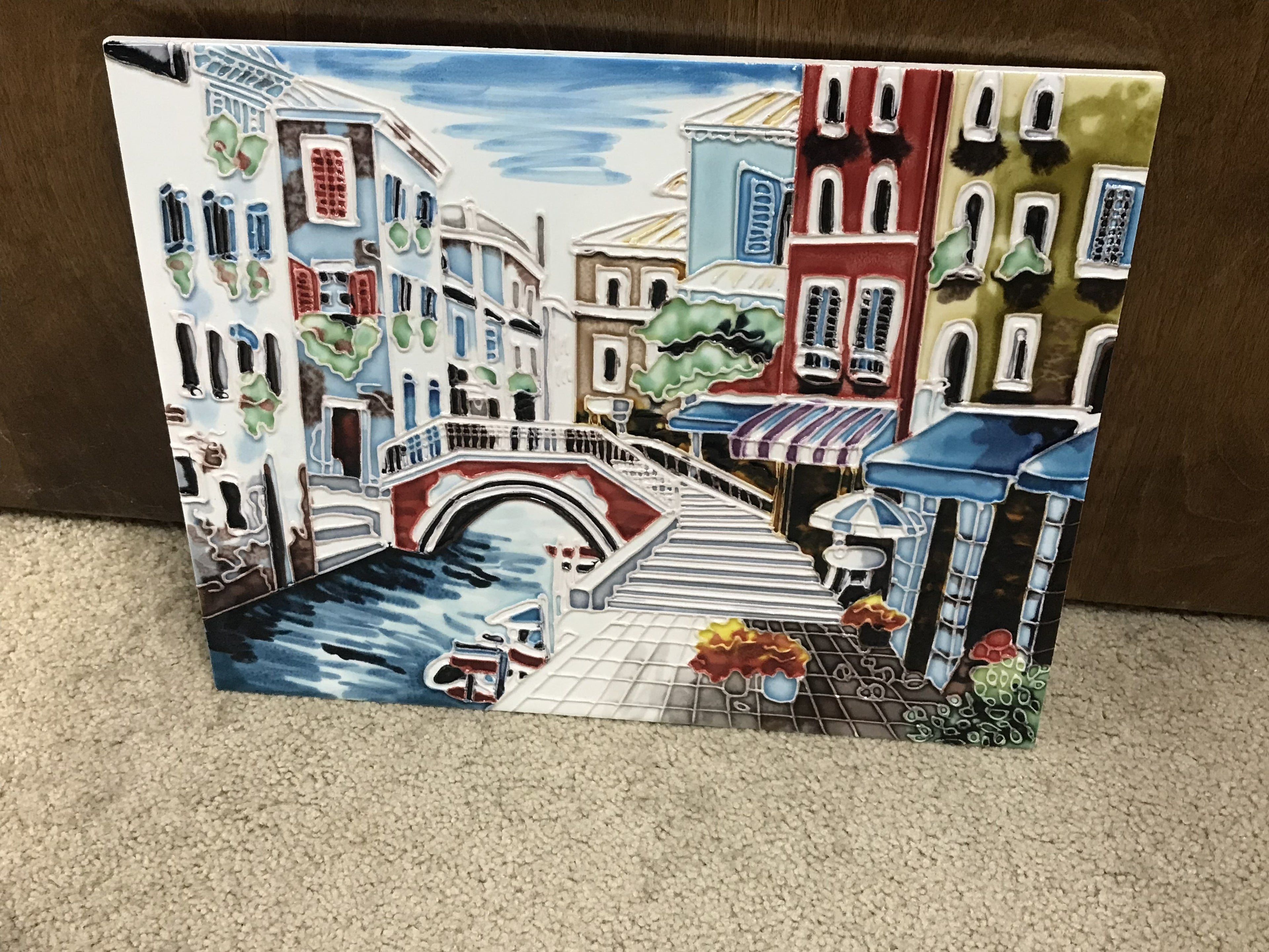 Hand-Glazed Ceramic Art Tile of Venice Canal Scene — Italian Cityscape Cloisonné Wall Art, Rectangular Decorative Panel